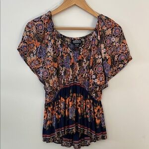 Angie Blue & Orange Flutter Sleeve Blouse